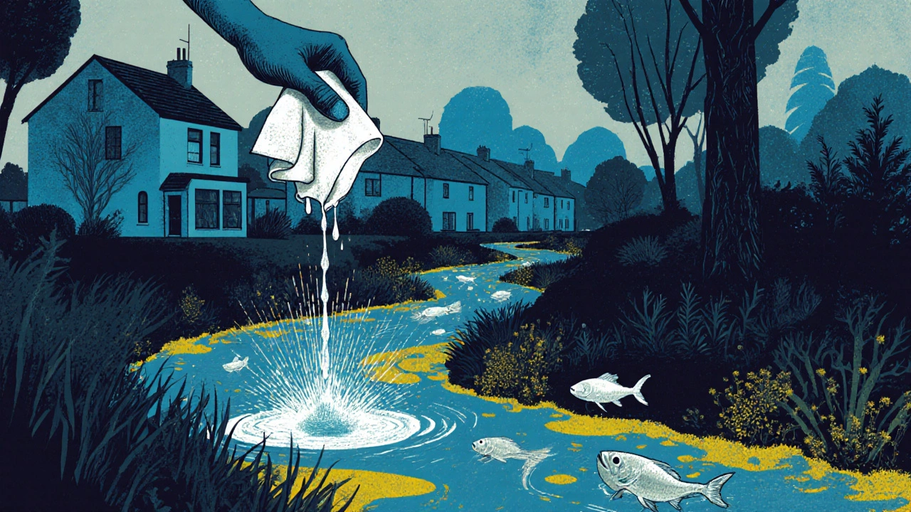 A stream polluted by bleach from a home cleaning rag, with dead fish and algae blooms in the water.