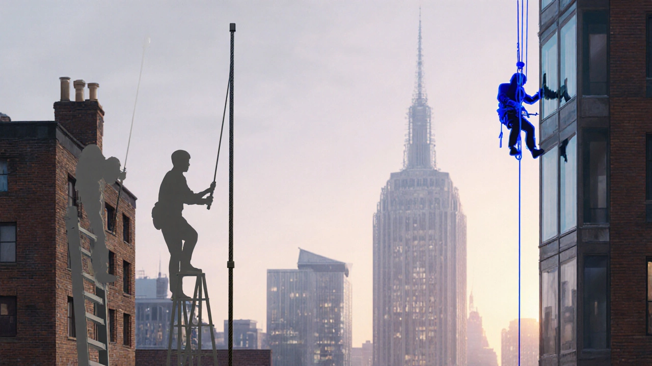 Artistic cityscape illustrating the shift from ladders to poles and rope‑access systems.