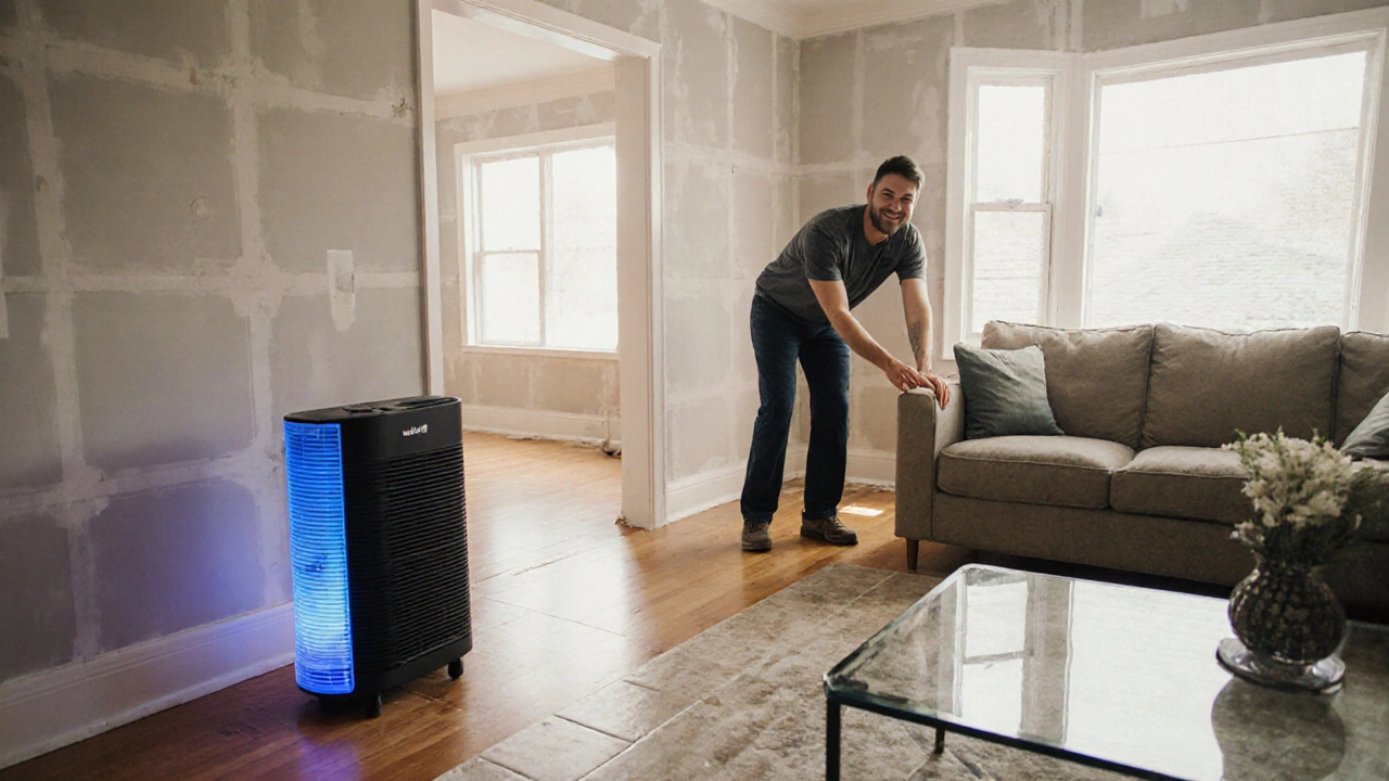 Bright clean living room with homeowner inspecting baseboards and an air purifier.