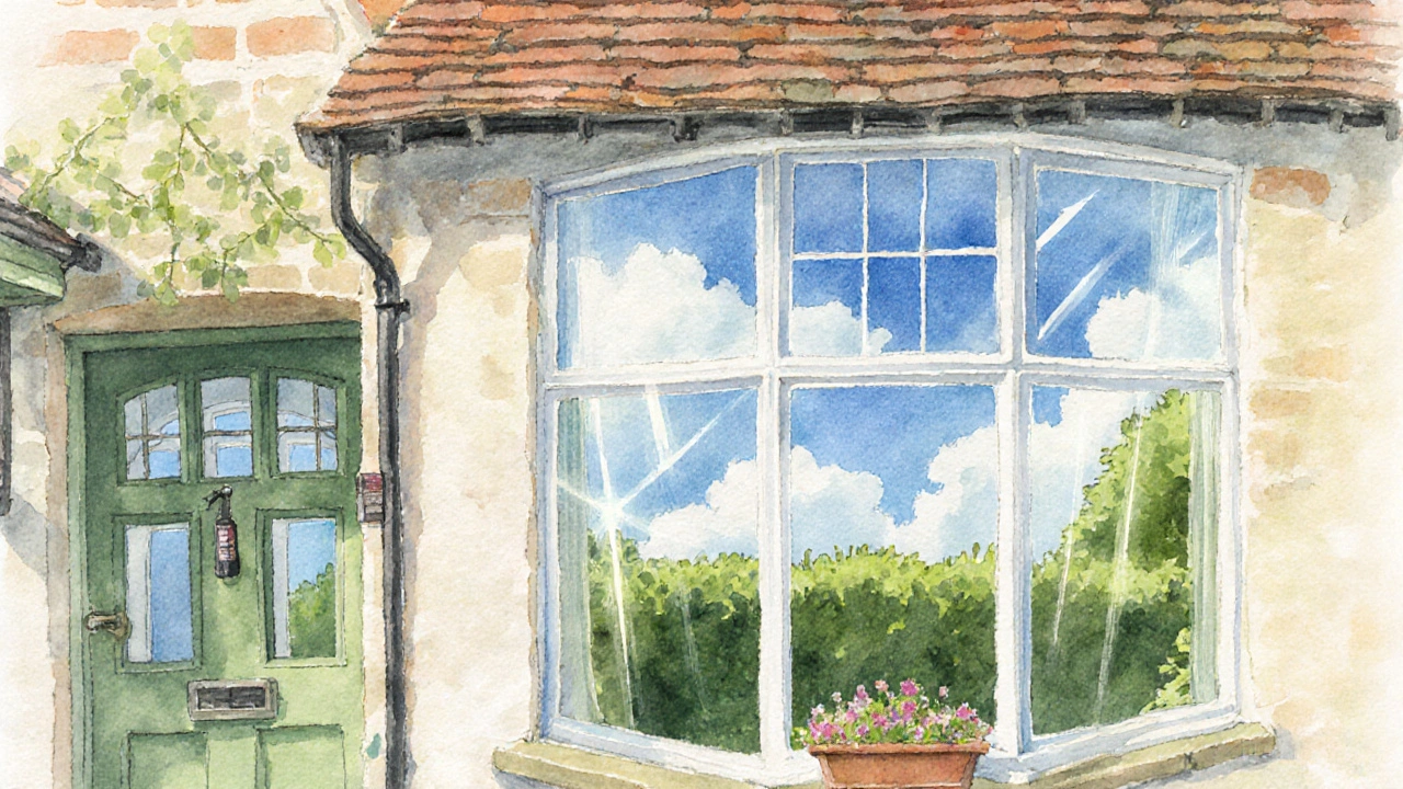 Bright cottage with clear windows reflecting a sunny garden and blue sky.