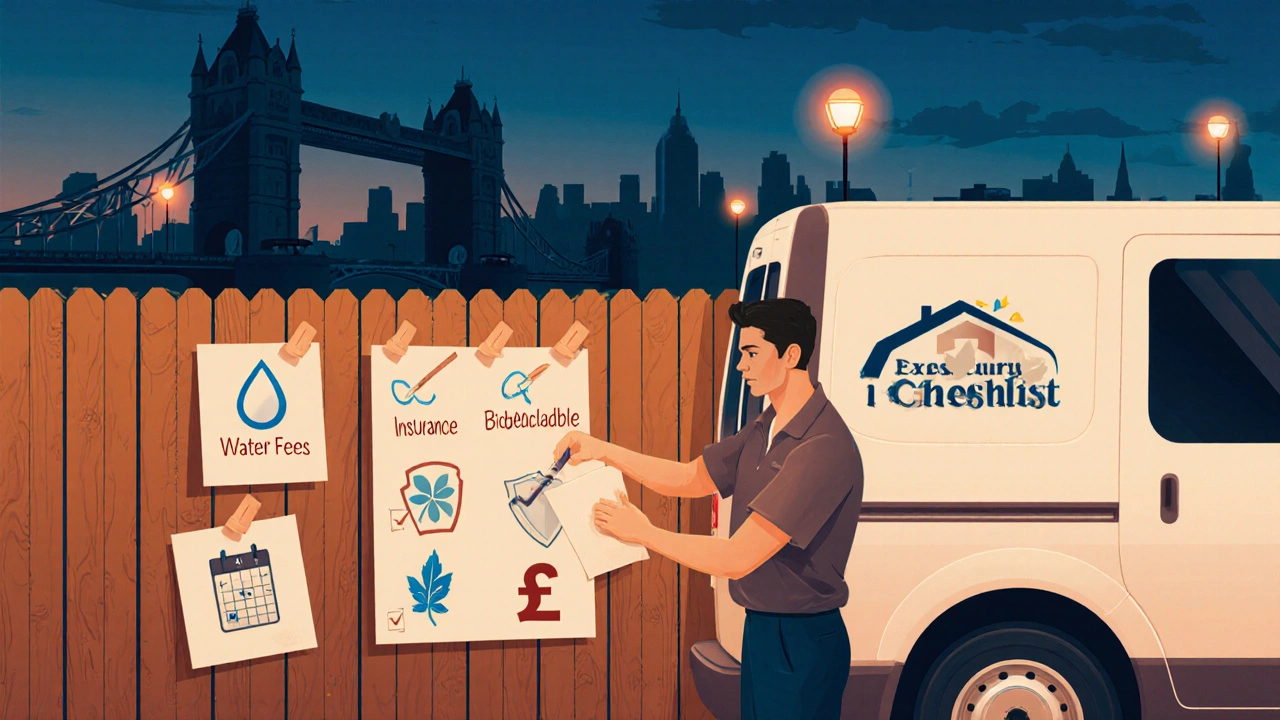 Business owner checking a checklist beside a white van with UK‑style backdrop.