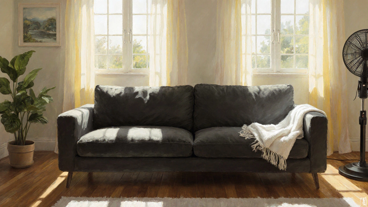 Clean, fresh sofa in a bright room with open windows, fan, and a folded white throw.