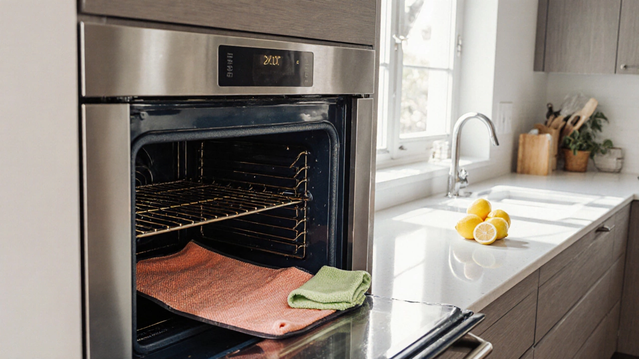 Clean kitchen oven with a silicone mat on the rack and a damp cloth beside it.