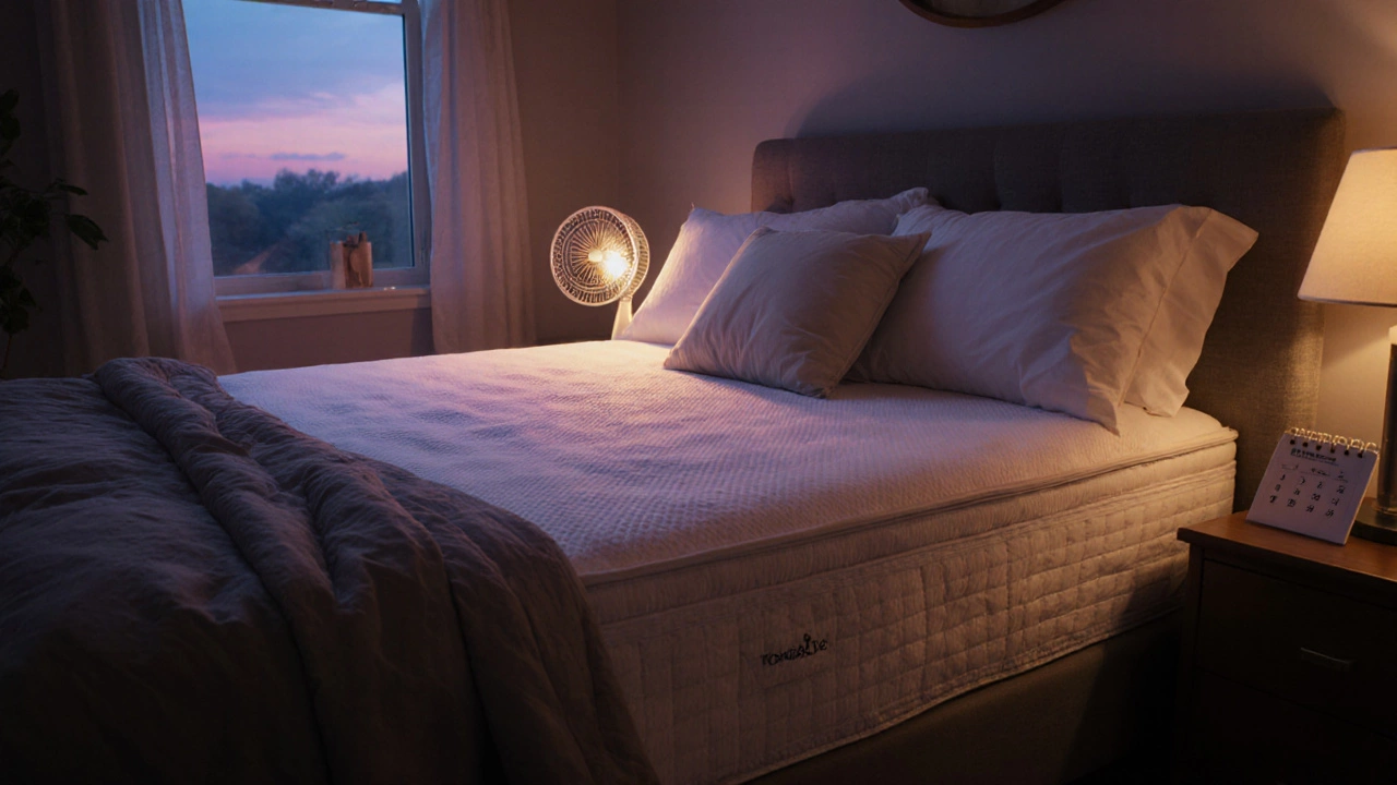 Clean mattress with breathable protector, fan, and open window, indicating fresh, aired bedding.