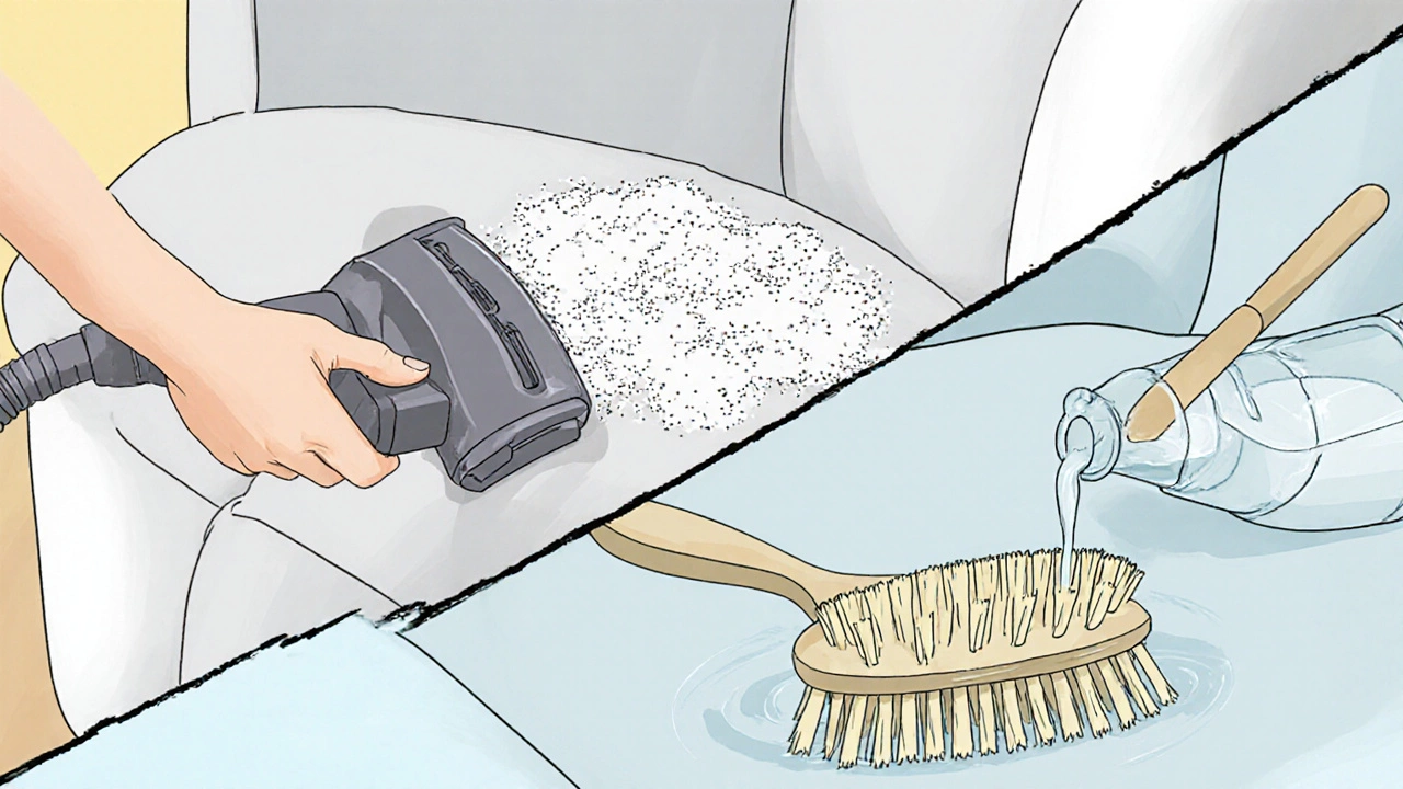 Collage showing vacuuming, sprinkling baking soda, and brushing a sofa with cleaning solution.