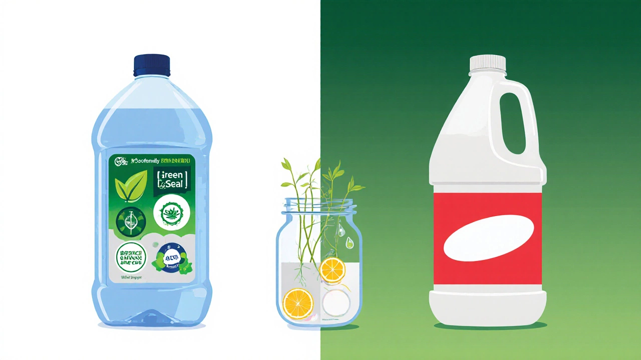 Comparison of green cleaner, conventional bleach, and DIY cleaning mix with plant sprouts.