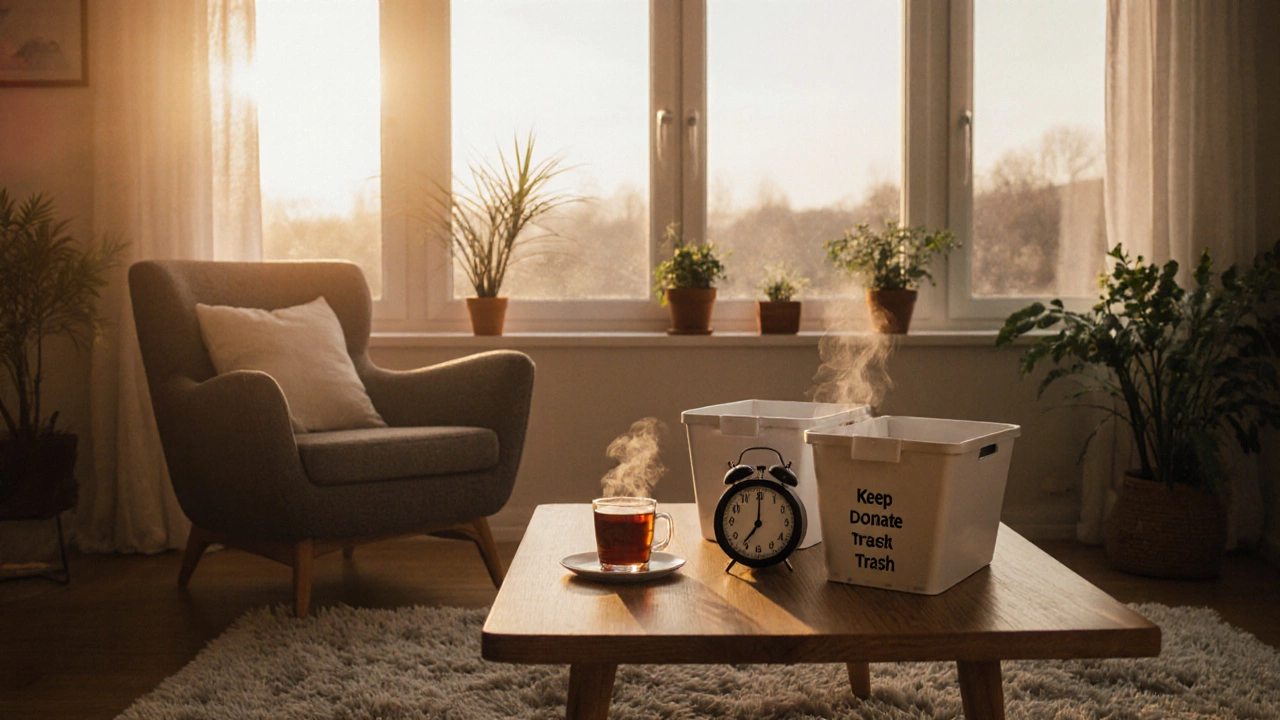 Cozy living room bathed in afternoon light, featuring a cup of tea and three tidy bins after a spring clean.