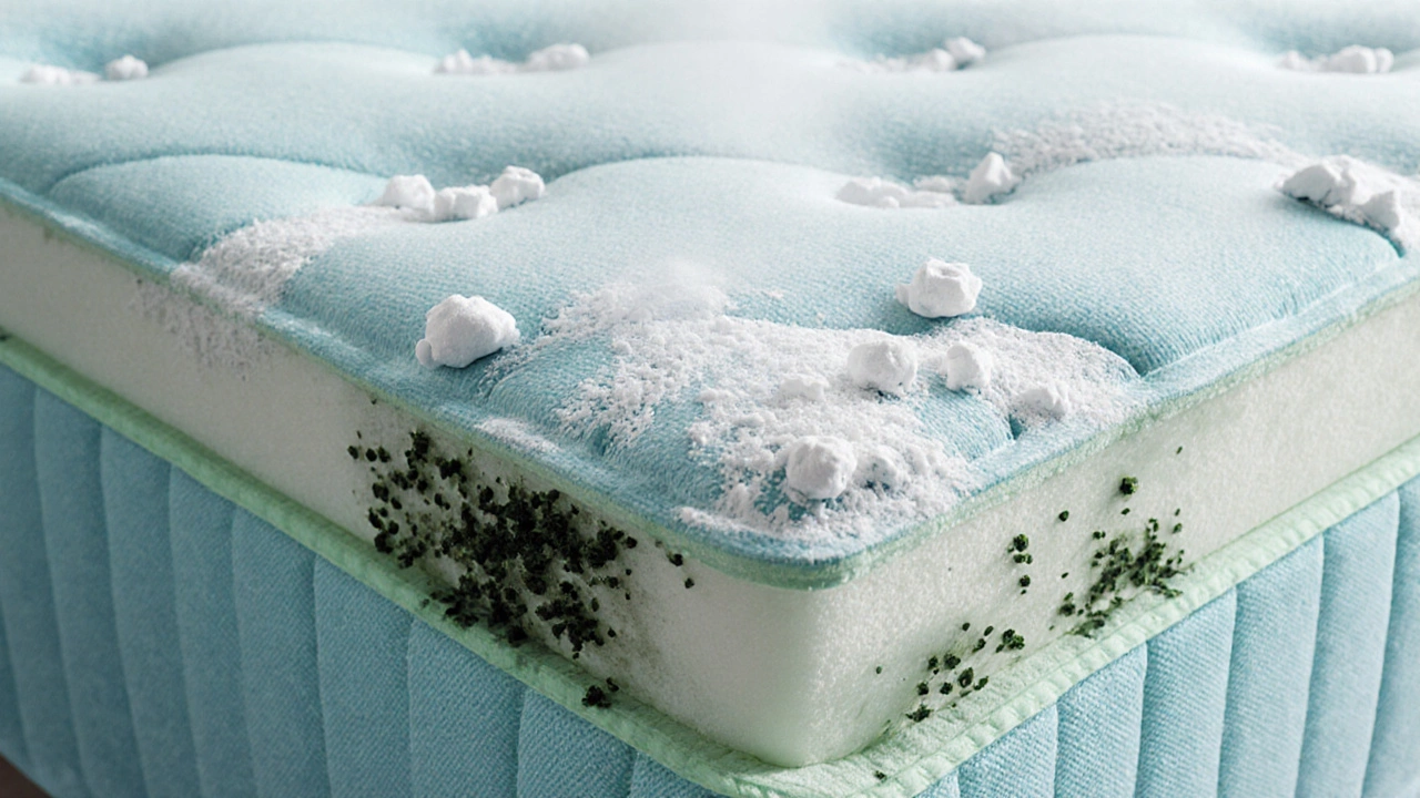 Cross‑section showing clumped powder and mold inside a mattress.