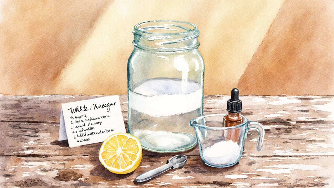 DIY cleaning station with vinegar, baking soda, Castile soap, lemon, and essential oil being mixed in a glass jar.