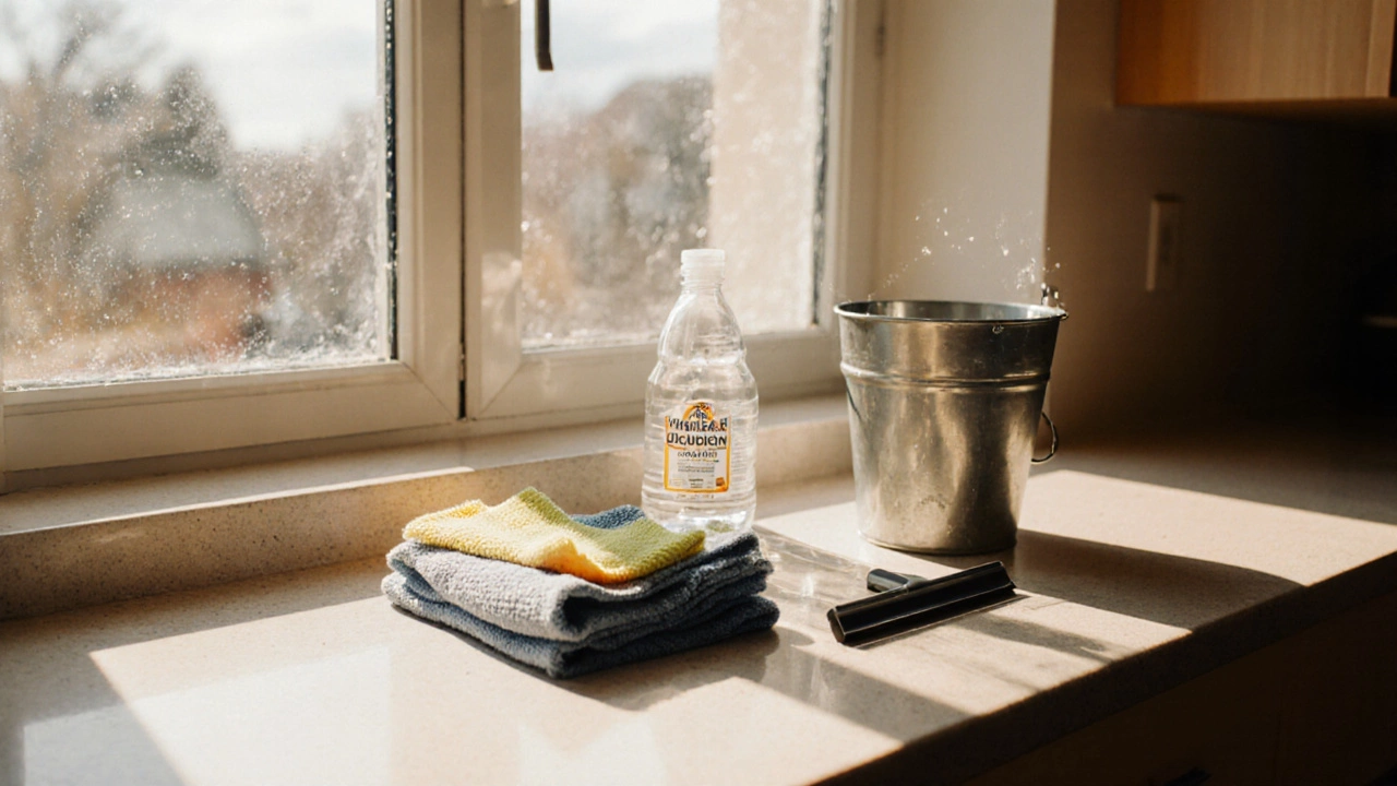 DIY cleaning tools arranged on a counter with a slightly cloudy window behind.