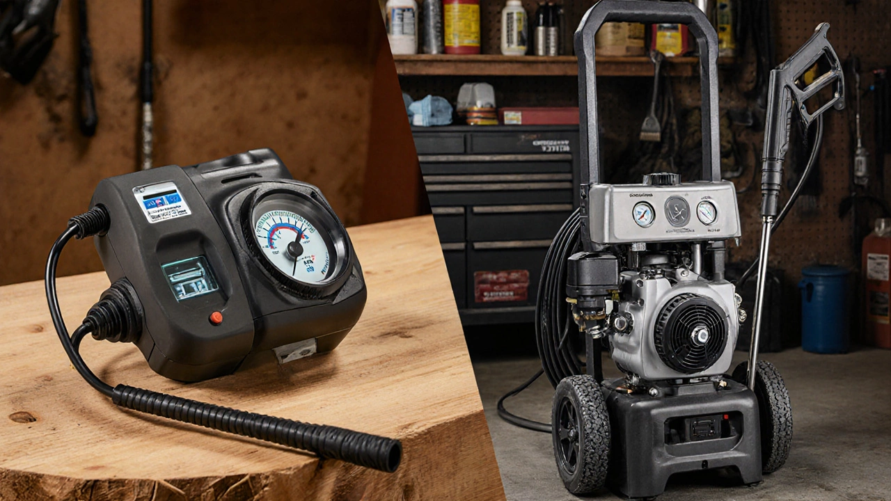 Electric and gas pressure washers displayed side by side in a workshop.