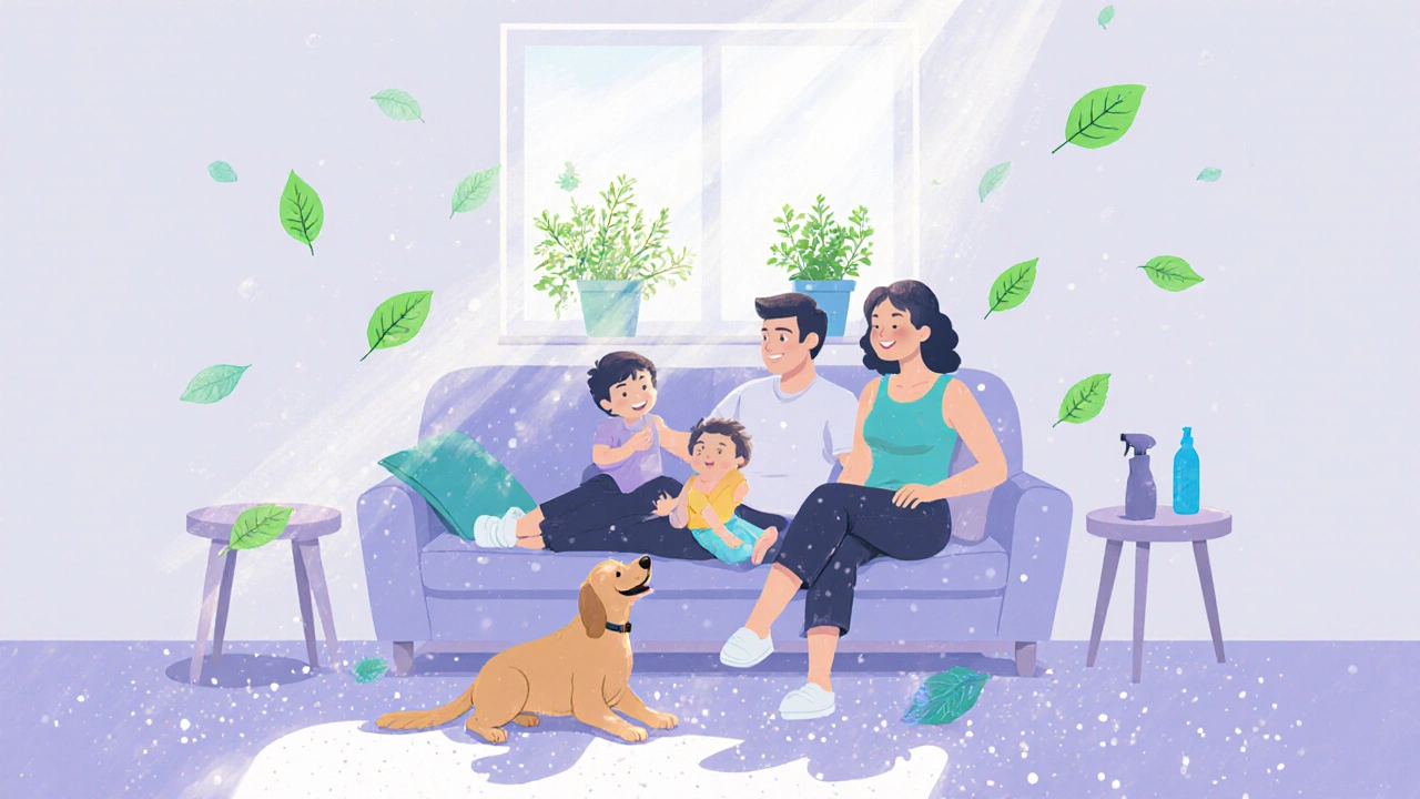 Family enjoying a freshly cleaned living room with sunlight, plants, and subtle leaf motifs.