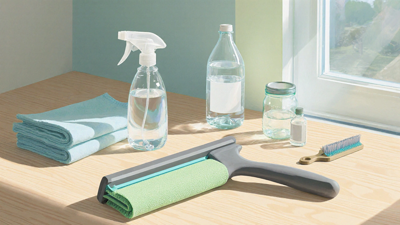 Flat lay of a squeegee, microfiber cloth, spray bottle, distilled water, vinegar, and brush on wood.