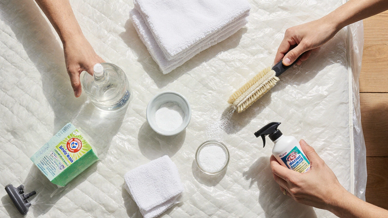 Flat lay of cleaning supplies: spray bottle, baking soda, brush, towels, enzyme cleaner, vacuum on a tarp.