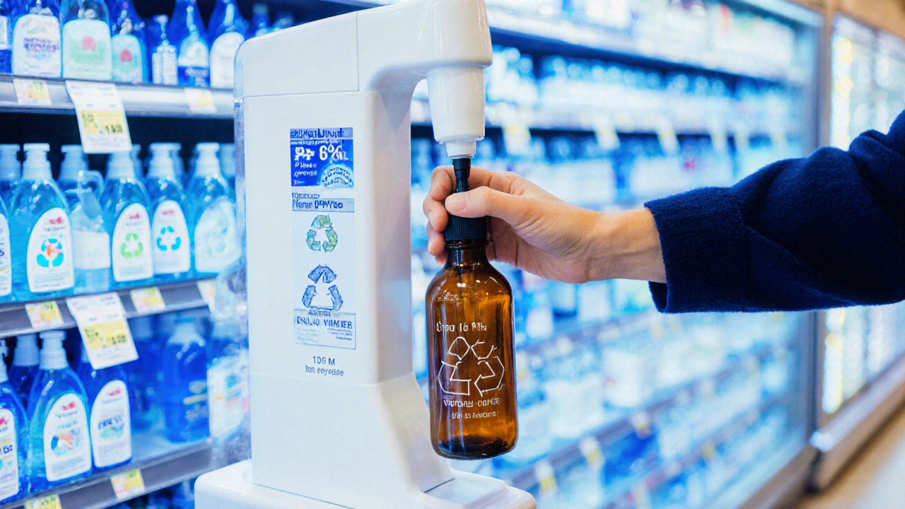 Hand refilling a reusable spray bottle at a store refill station.