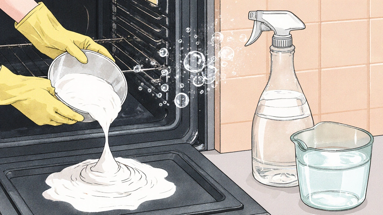 Hands spreading baking‑soda paste on oven walls, with vinegar fizzing on the surface.