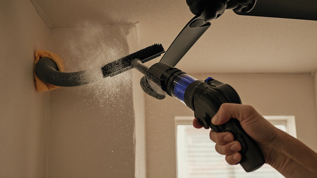HEPA vacuum with extension wand cleaning ceiling fan dust and wall particles.