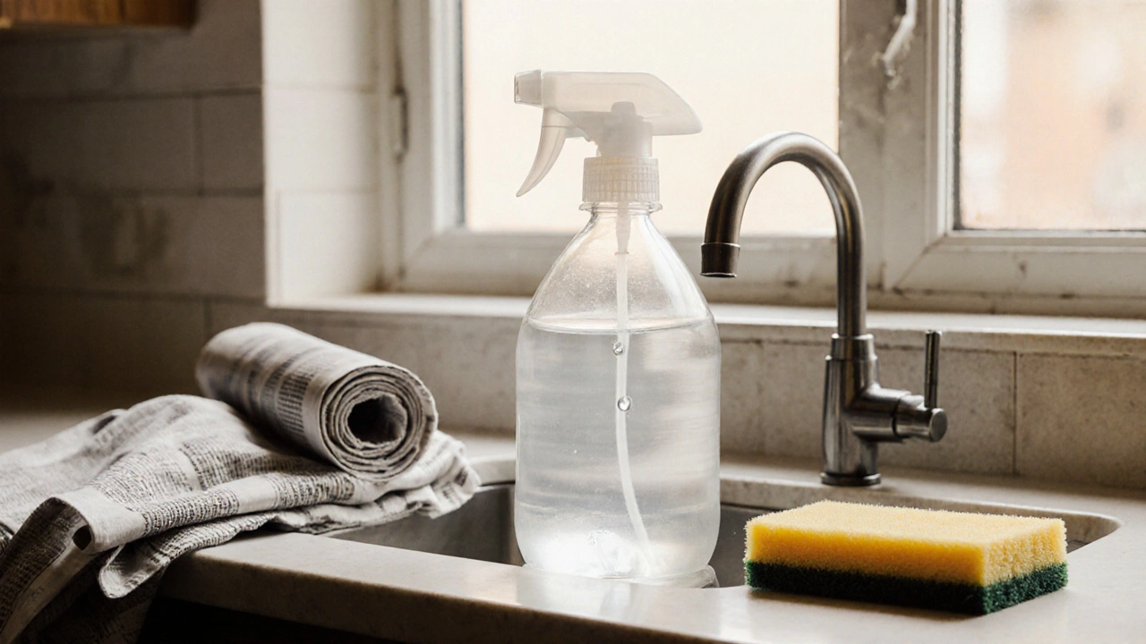 Homemade window cleaner ingredients arranged on a kitchen counter.