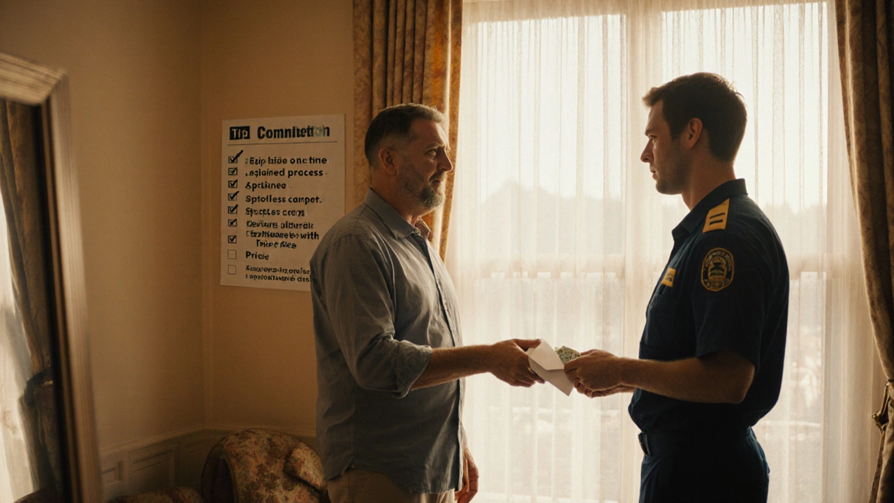 Homeowner giving a cash tip to a technician after a cleaning.