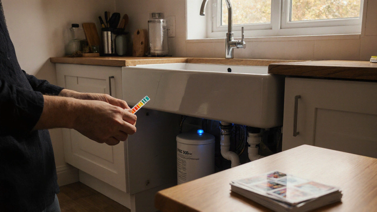 Homeowner testing water hardness with a softener installed and appliance photos nearby.