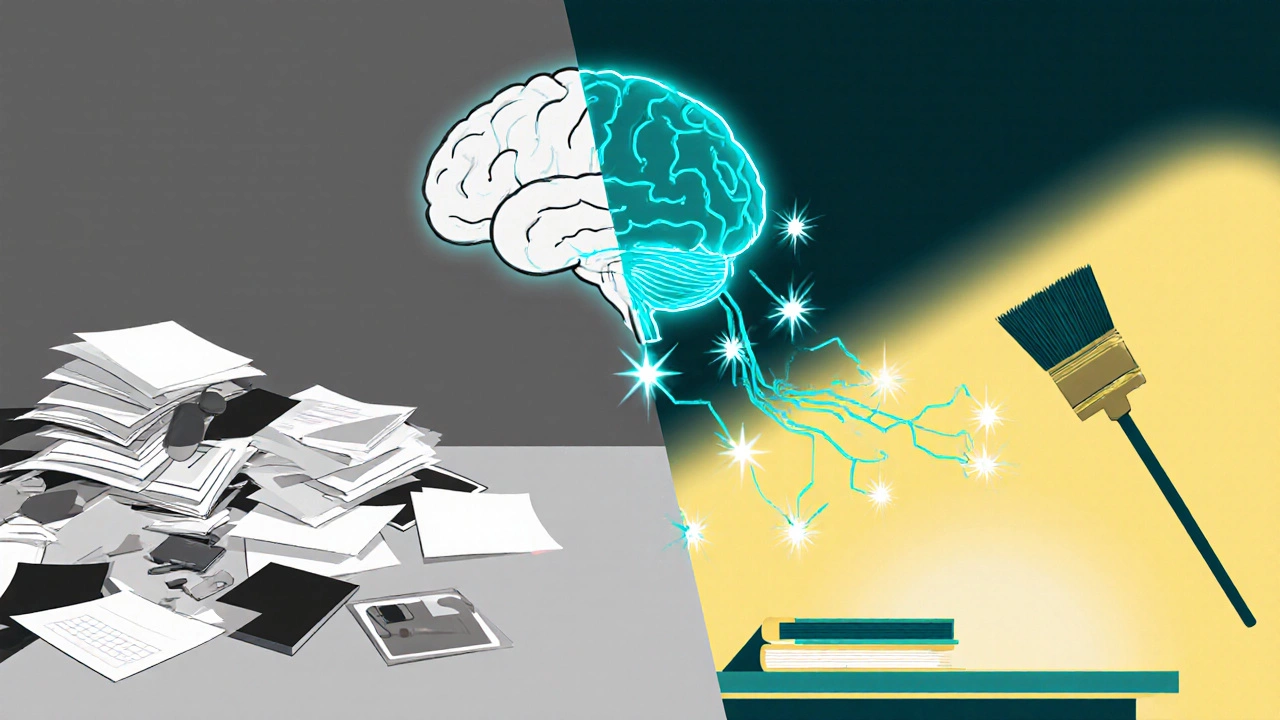 Illustrated brain releasing dopamine while a broom clears a cluttered desk into an organized space.