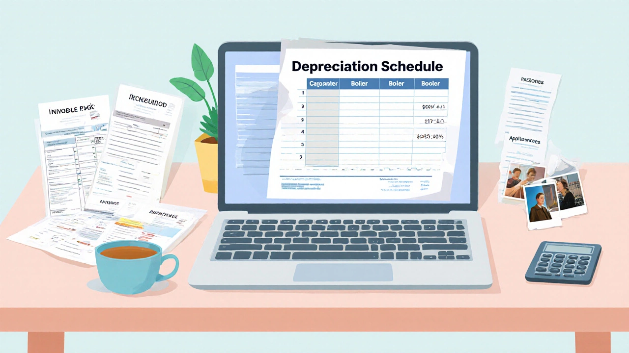 Illustration of a desk with laptop spreadsheet, invoices, and photos for depreciation tracking.