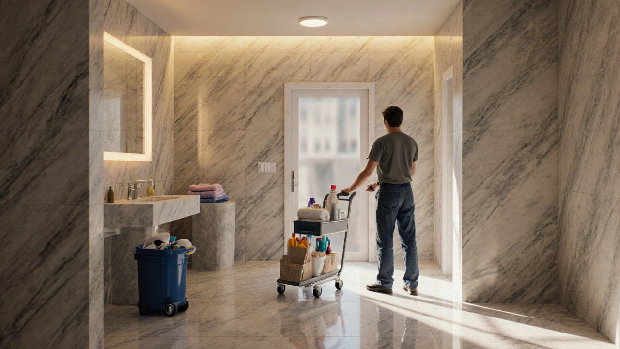 Isometric view of a prepared bathroom with cleaner ready, towels removed and supplies cart.