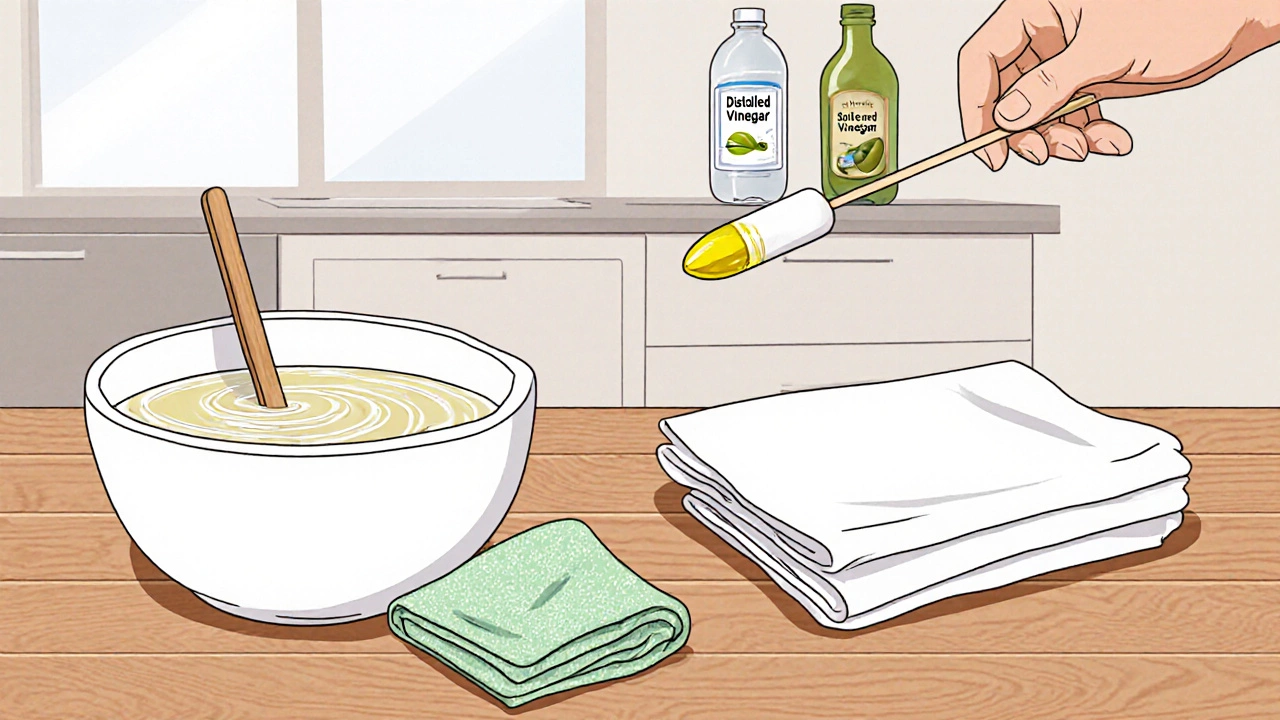 Kitchen setup with vinegar and olive oil mixed in a bowl, cloth and swab ready for spot test.