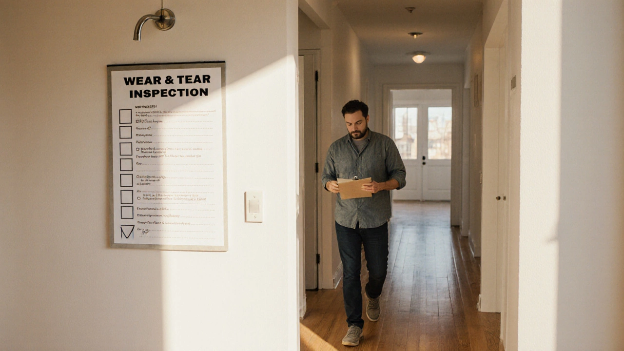 Landlord inspecting a hallway with clipboard, checking wear‑and‑tear items under warm light.