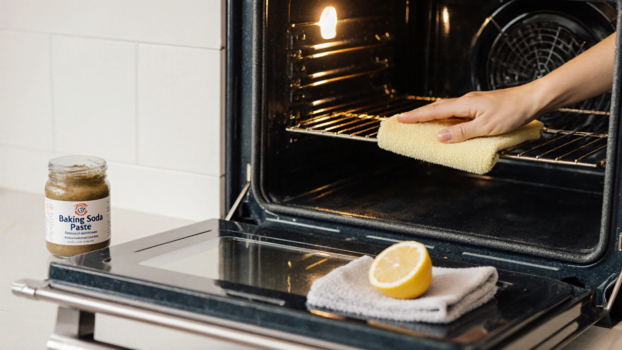 Open oven showing spotless interior, cleaning supplies nearby, homeowner feeling satisfied.