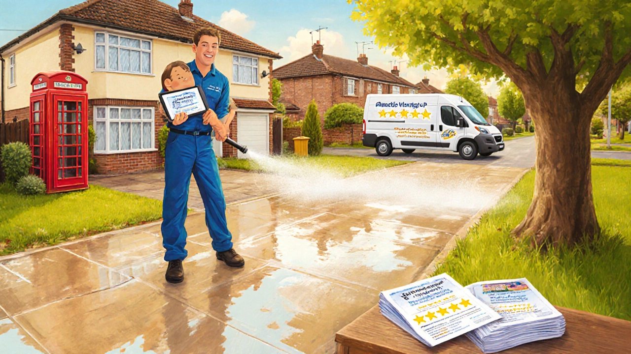 Operator shaking hands with a happy homeowner beside a sparkling clean driveway.