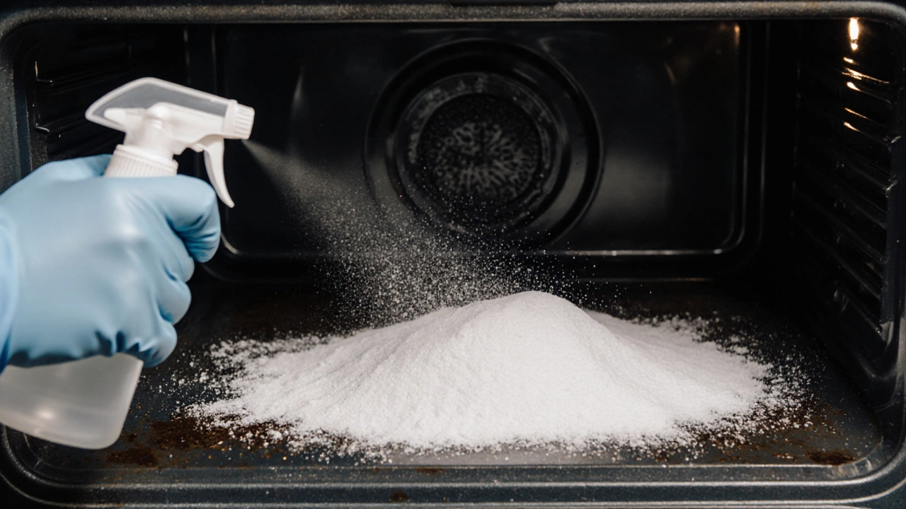 Oven interior with baking soda and fizzing vinegar bubbles lifting grime, gloved hand spraying.