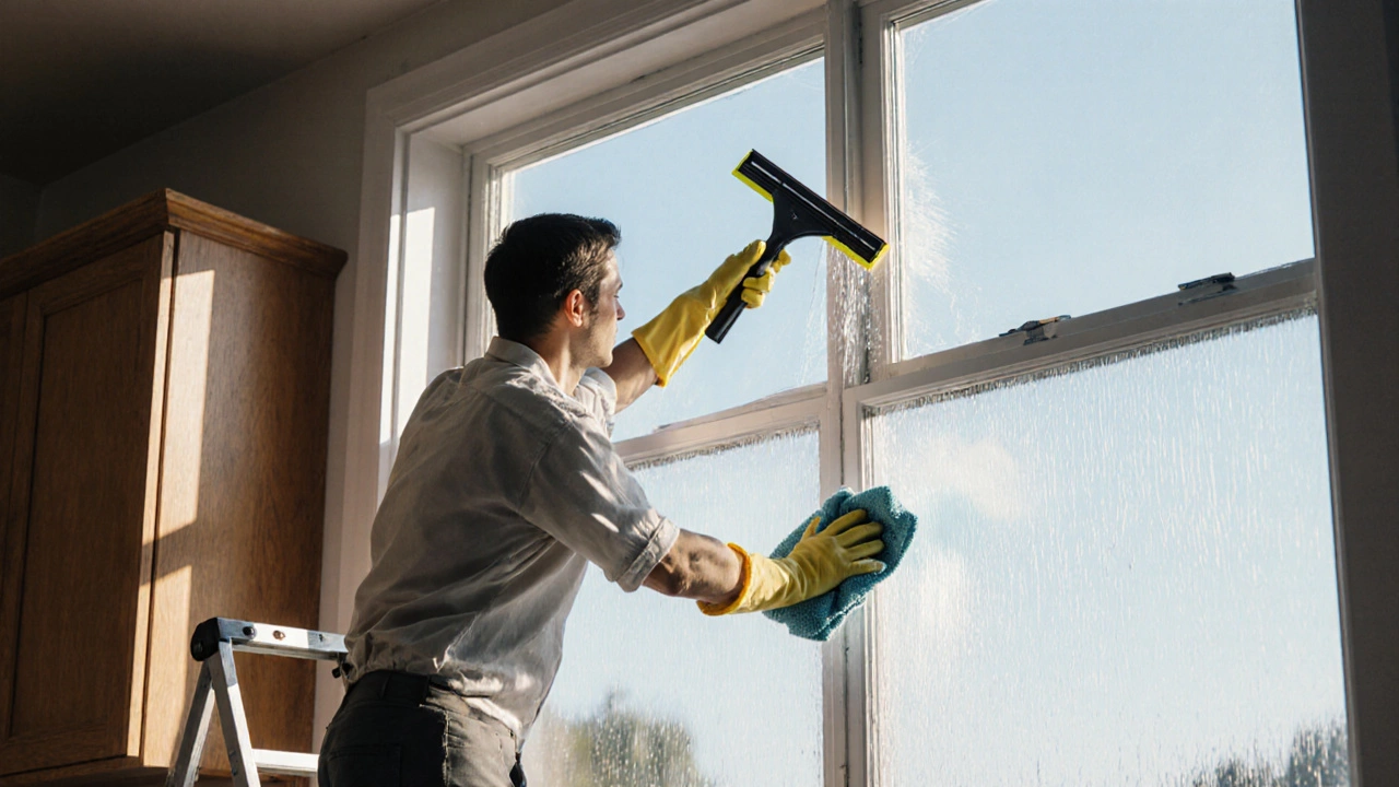 Person on a ladder cleaning a window with a squeegee, half clean and half streaky.