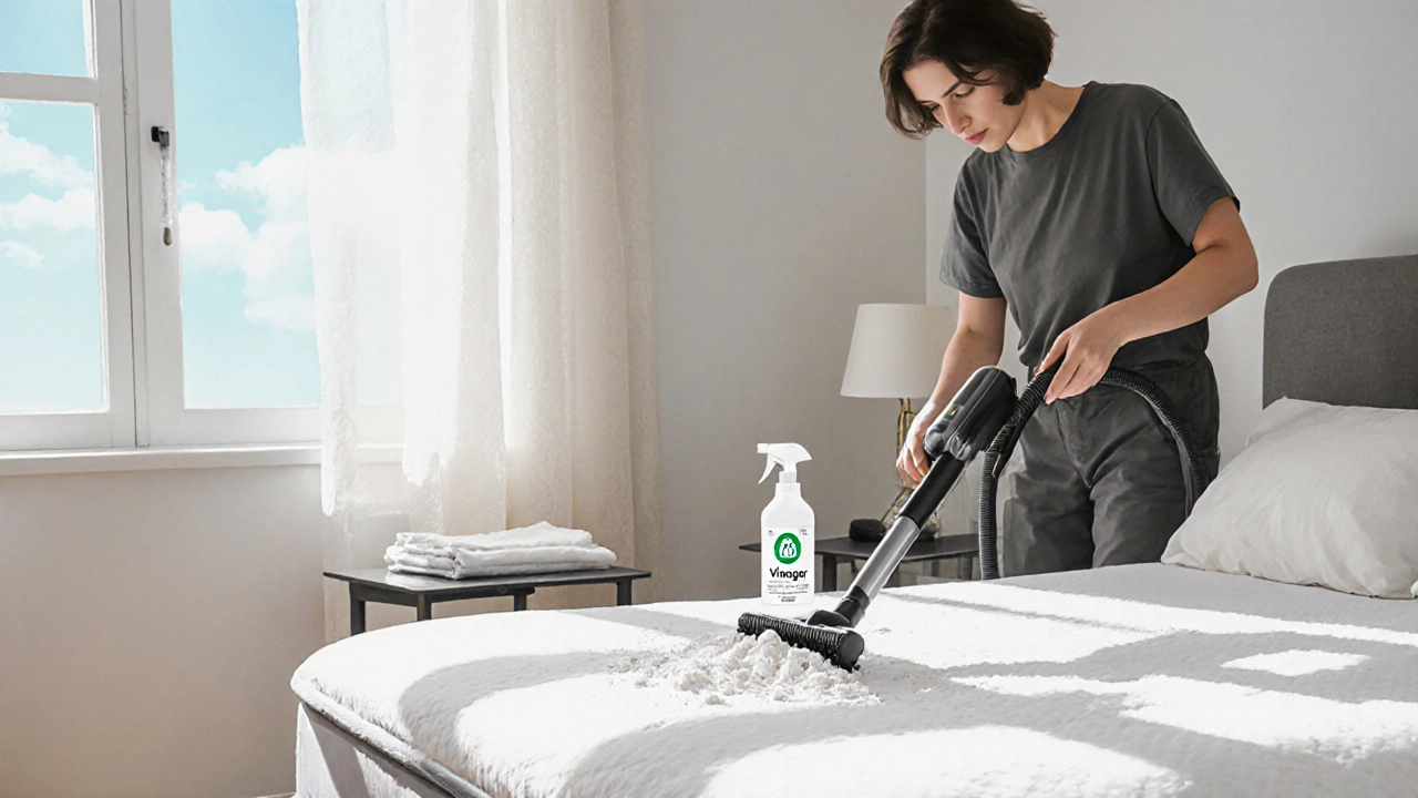 Person vacuuming a mattress while ventilating and preparing a cover.