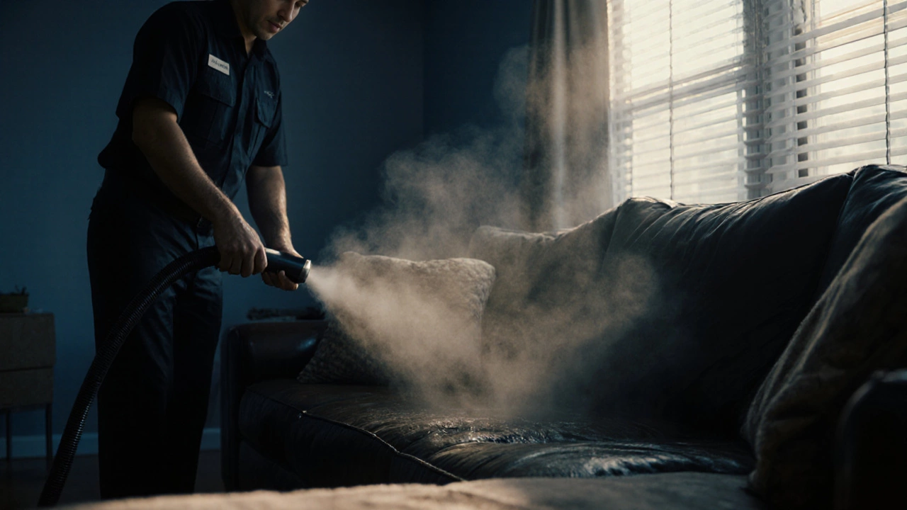 Professional using steam extraction machine on a large sectional sofa.
