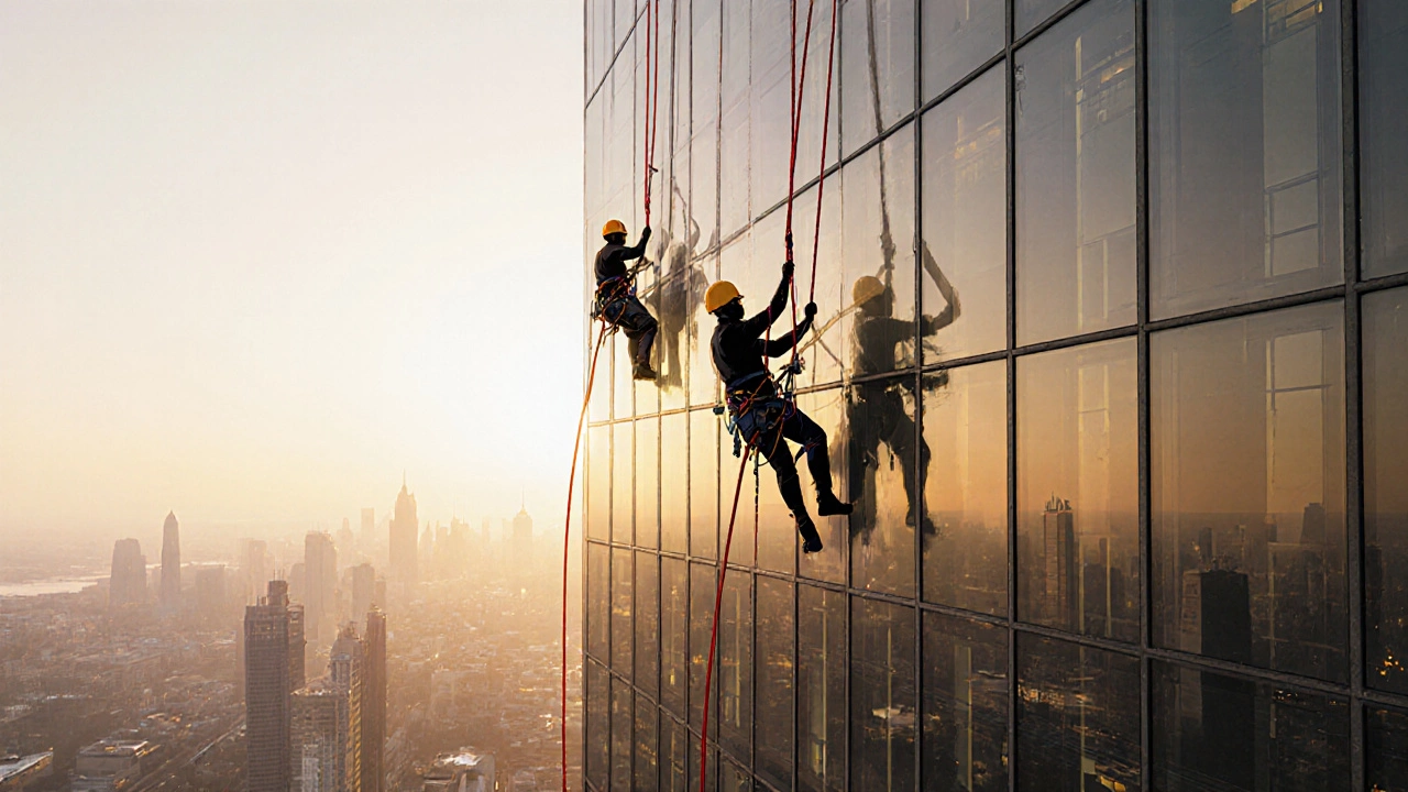 Rope‑access technicians suspended on a skyscraper at sunrise, cleaning glass windows.