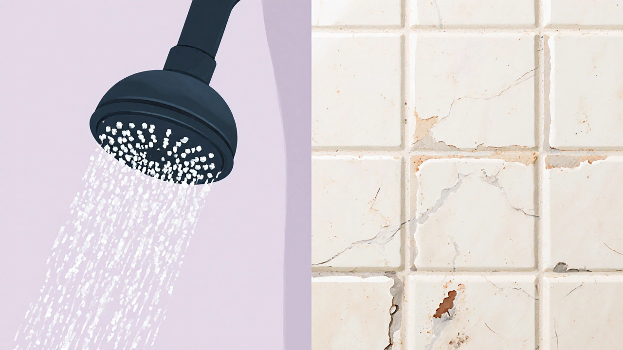 Side‑by‑side illustration of limescale on a showerhead versus scratched tile wear.