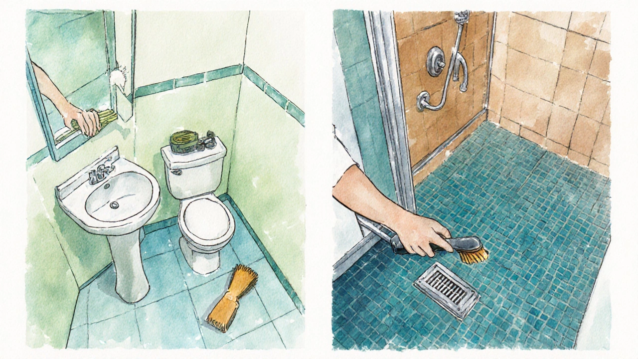 Split watercolor showing standard cleaning on left and deep cleaning on right in the same bathroom.