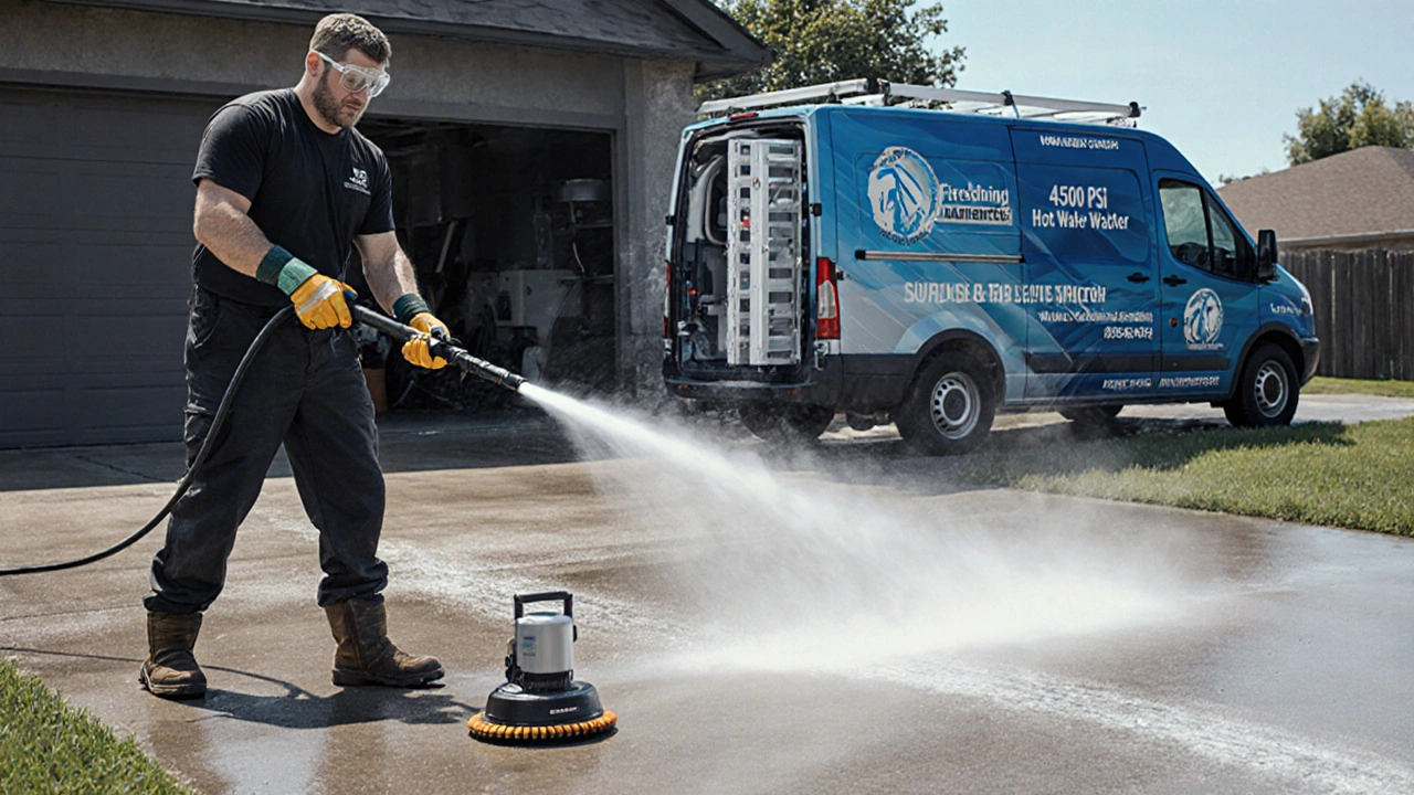 Technician using a hot‑water pressure washer on a driveway with a branded van nearby.