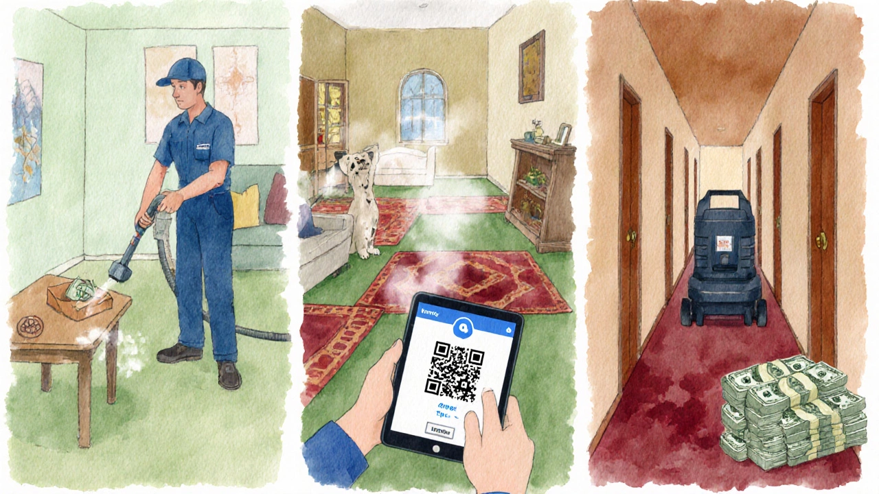 Three carpet‑cleaning scenes showing low, medium, and high effort with tips.