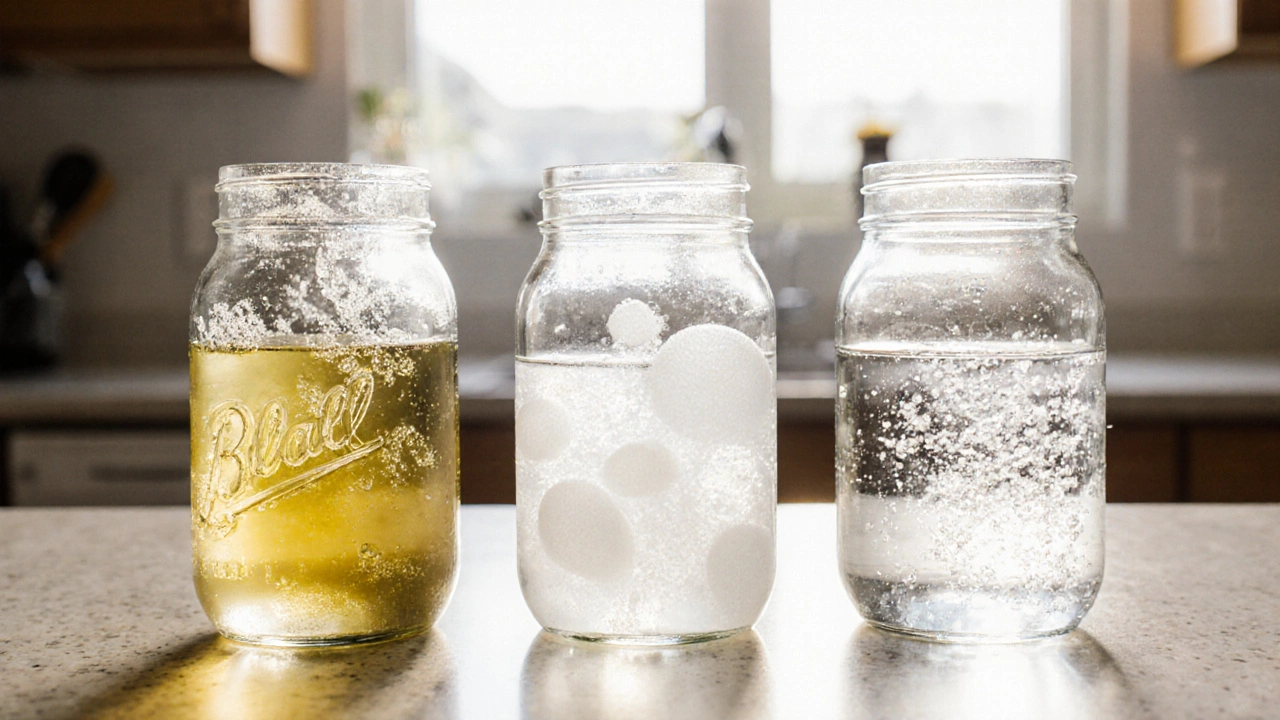 Three cleaning alternatives on a counter: bleach residue, vinegar, and hydrogen peroxide in clear jars.