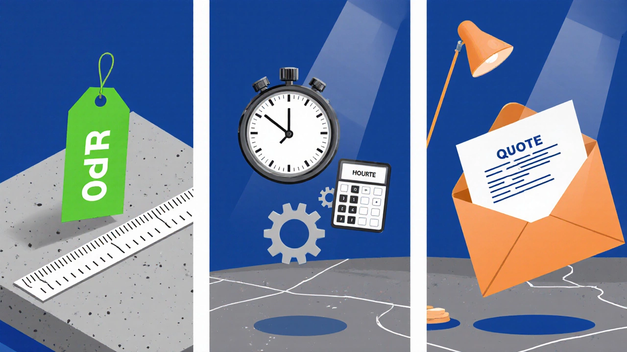 Three side‑by‑side scenes illustrate per‑square‑foot, hourly, and flat‑rate pricing concepts.