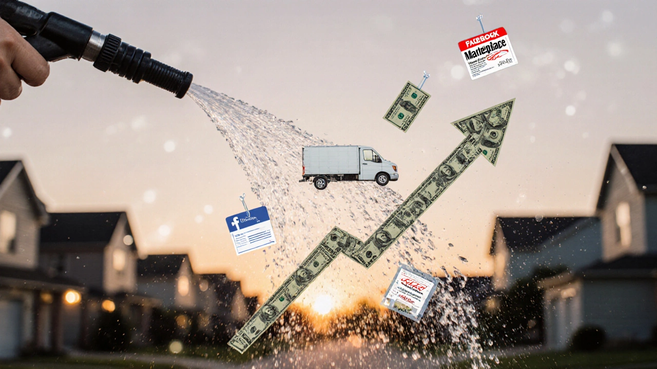 A pressure washer nozzle spraying water that turns into dollar bills rising toward a truck-shaped profit graph.