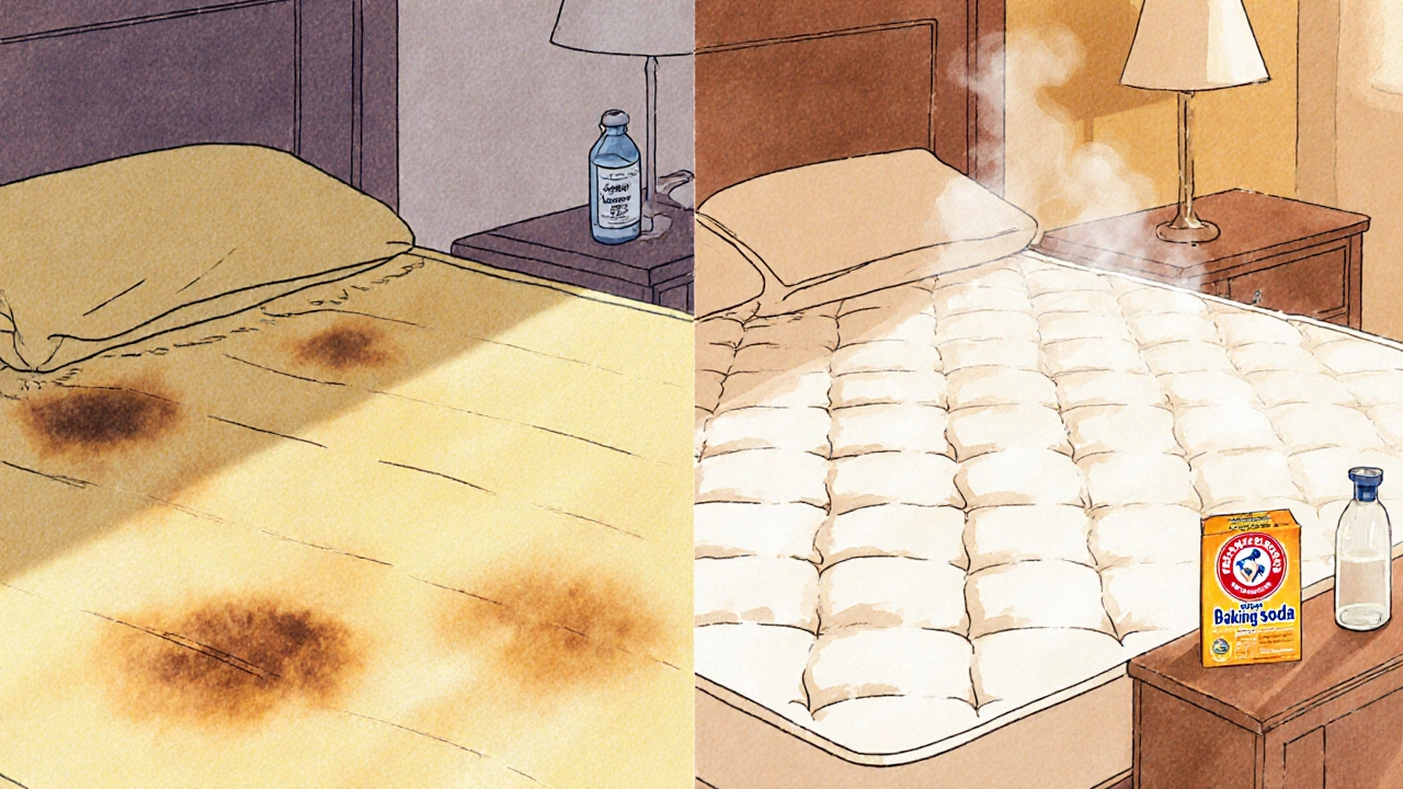 Before and after view of a mattress being cleaned with vinegar, side by side