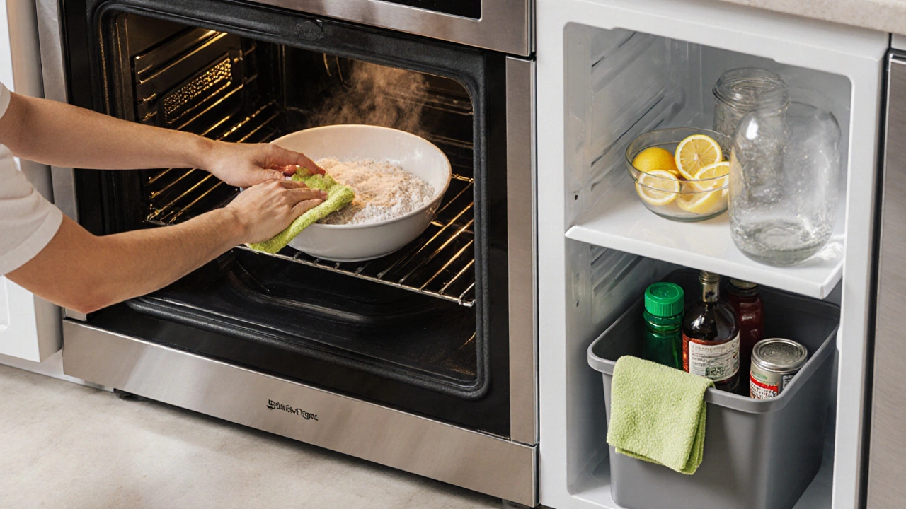 Close-up of kitchen deep cleaning with baking soda paste in oven and steaming lemon-vinegar bowl in microwave.
