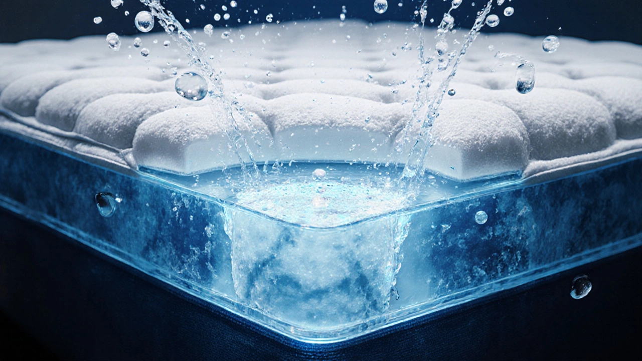 Cross-section of a mattress showing stains dissolving with vinegar and baking soda