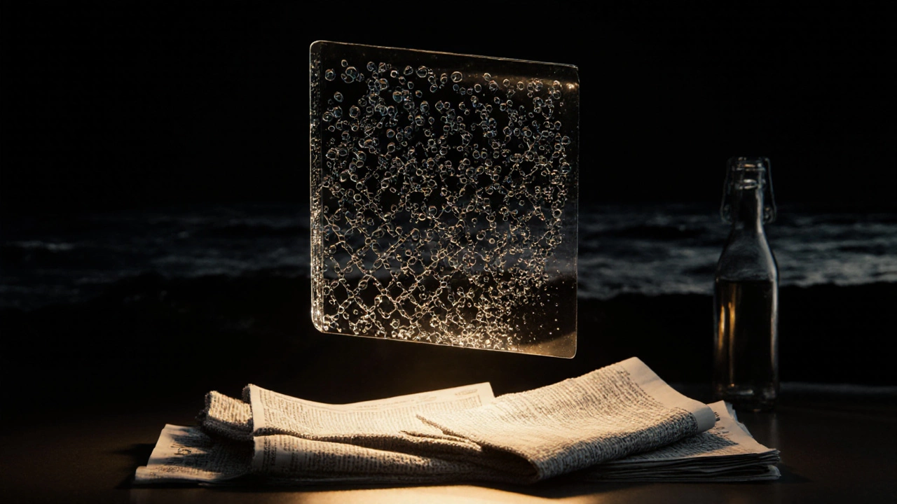 Floating glass pane made of vinegar and water droplets, glowing with clarity, microfiber cloths and newspaper below, eco-friendly symbolism.