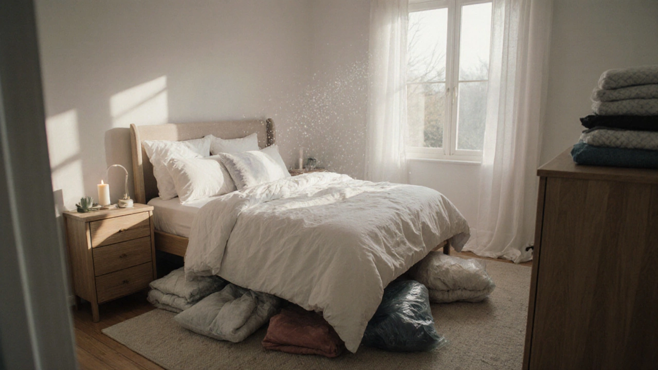 Freshly cleaned bedroom with stored winter clothes and summer clothes organized, candle glowing softly.