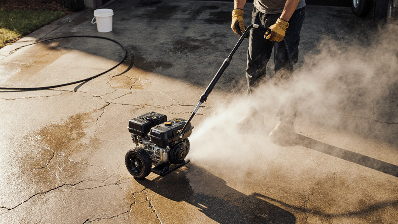 Gas pressure washer blasting oil stains off a concrete driveway under bright sunlight.