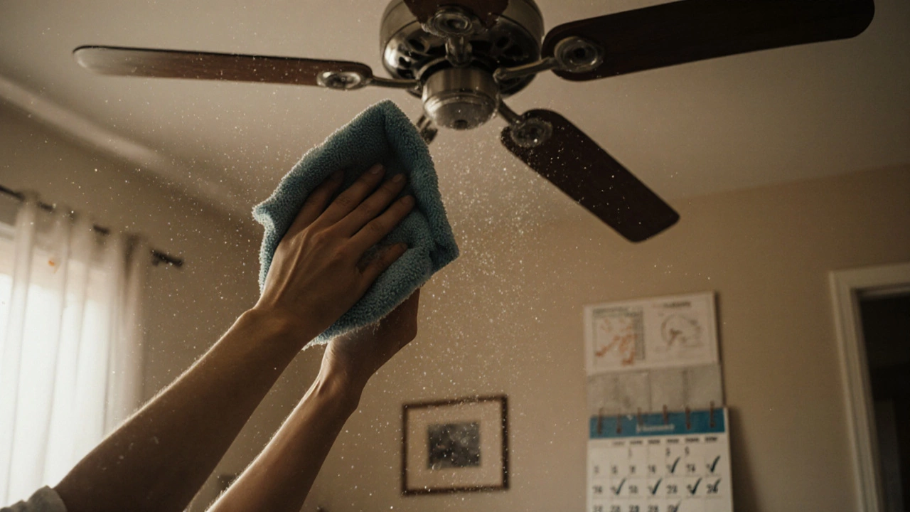 Hands wiping dust from a ceiling fan with sunlight catching airborne particles.